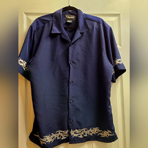 Vintage 90s No Boundaries Navy Blue Shirt with Silver Flames - Picture 1 of 5